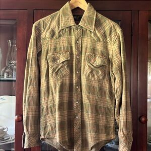 Vintage 60s Flannel Western Pearl Snap Button Kmart Brown Plaid Wool Blend Shirt